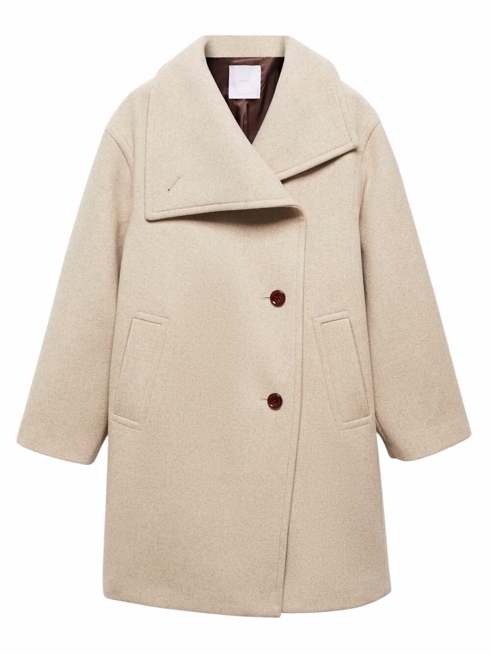 Mango MNG Wool Blend Maxi Lapel Funnel Neck Coat Beige Size XL